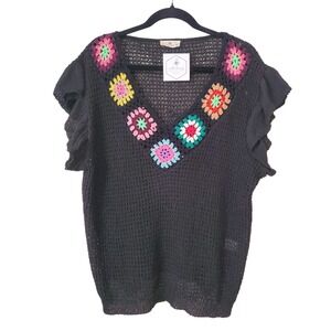 NWT Urban Daizy Black Crochet Granny Square Ruffle Sleeve top M/L Boho Festival